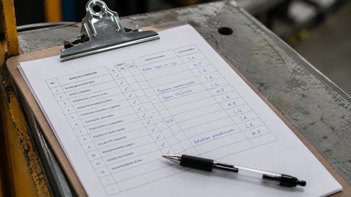 Lista de verificación de inspección parcialmente diligenciada sobre una superficie industrial