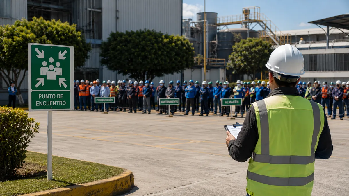 Punto de encuentro de un simulacro de evacuación con personal agrupado de forma ordenada
