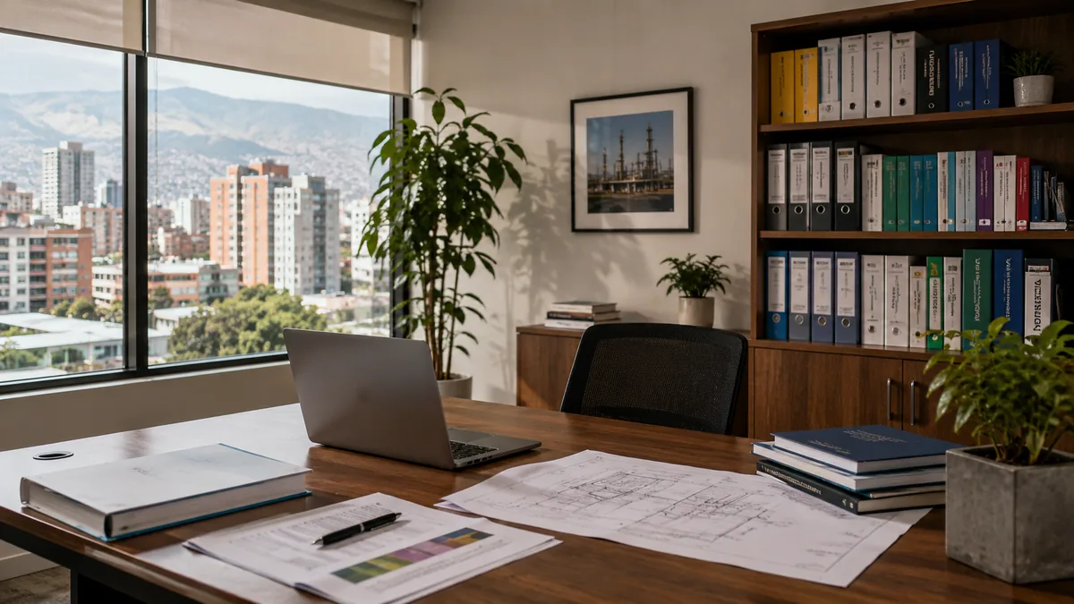 Oficina de consultoría técnica con documentación normativa y luz natural de la mañana