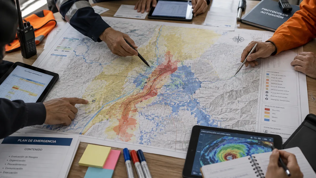 Sesión de planificación sobre un mapa territorial con superposiciones de análisis de amenazas