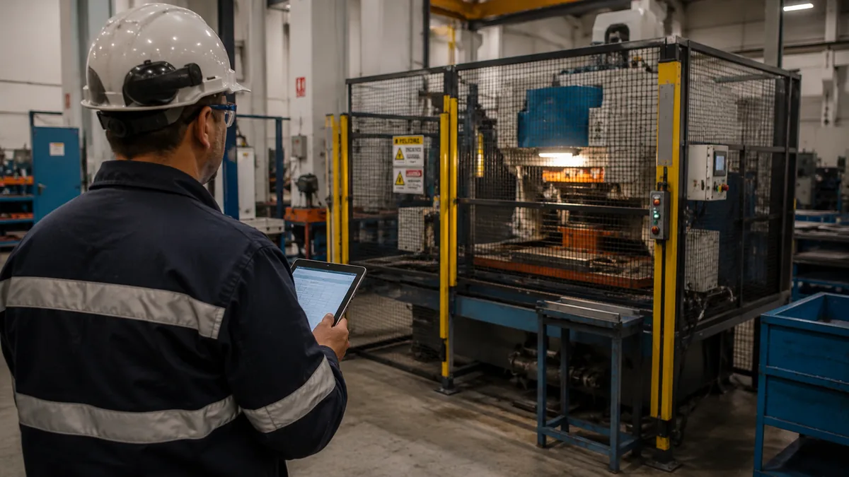 Profesional de seguridad observando desde distancia segura una operación de máquina con guardas instaladas