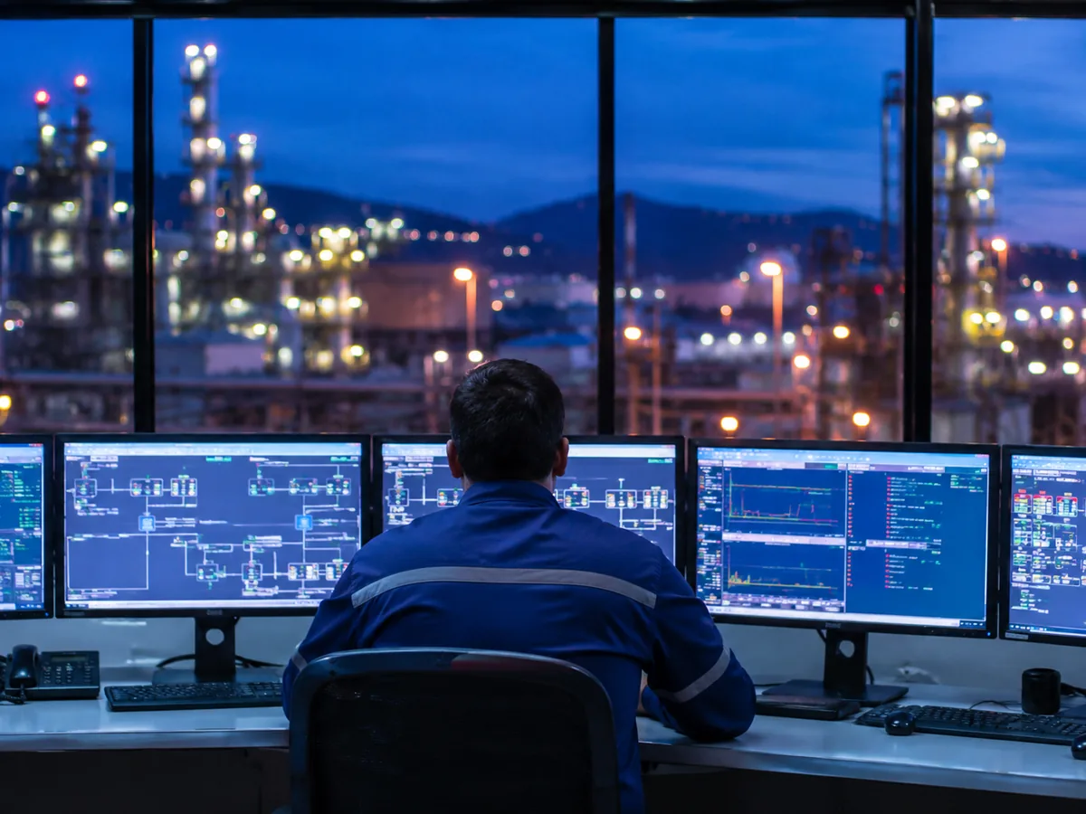 Ingeniero de espaldas analizando datos operativos en una sala de control industrial al anochecer