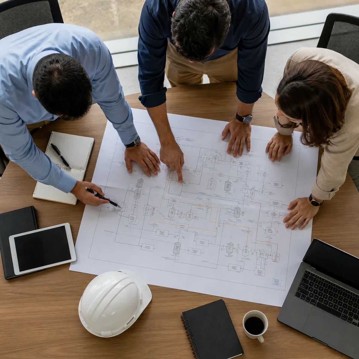 Tres profesionales analizando en conjunto un diagrama de proceso impreso sobre una mesa