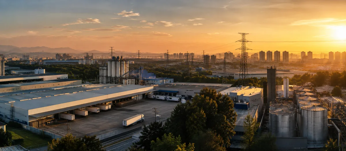 Vista panorámica elevada de un distrito industrial y logístico al atardecer