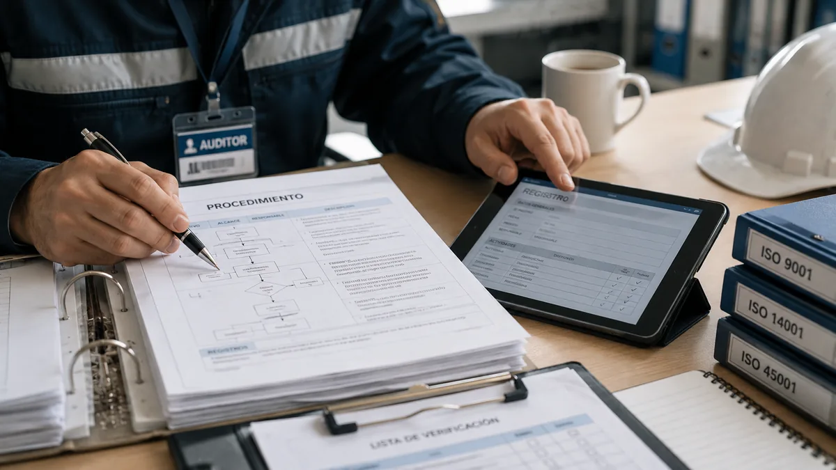 Manos de auditor contrastando un procedimiento impreso con un registro digital
