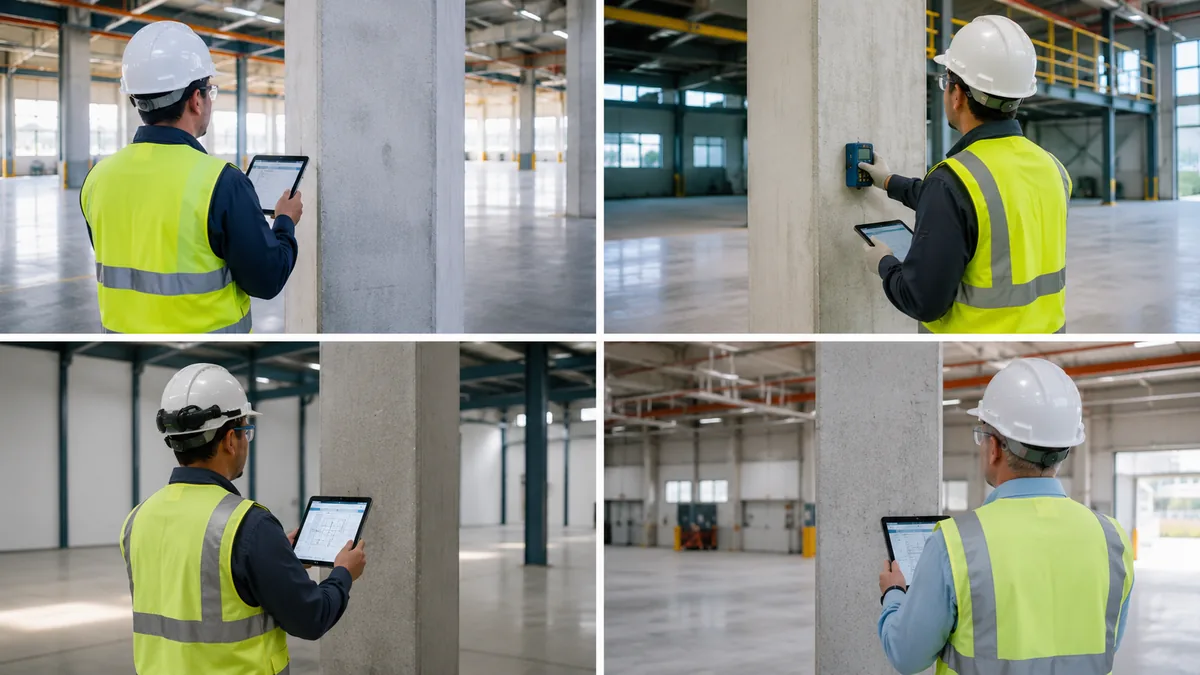 Ingeniero examinando con instrumentos una columna estructural íntegra en una edificación industrial